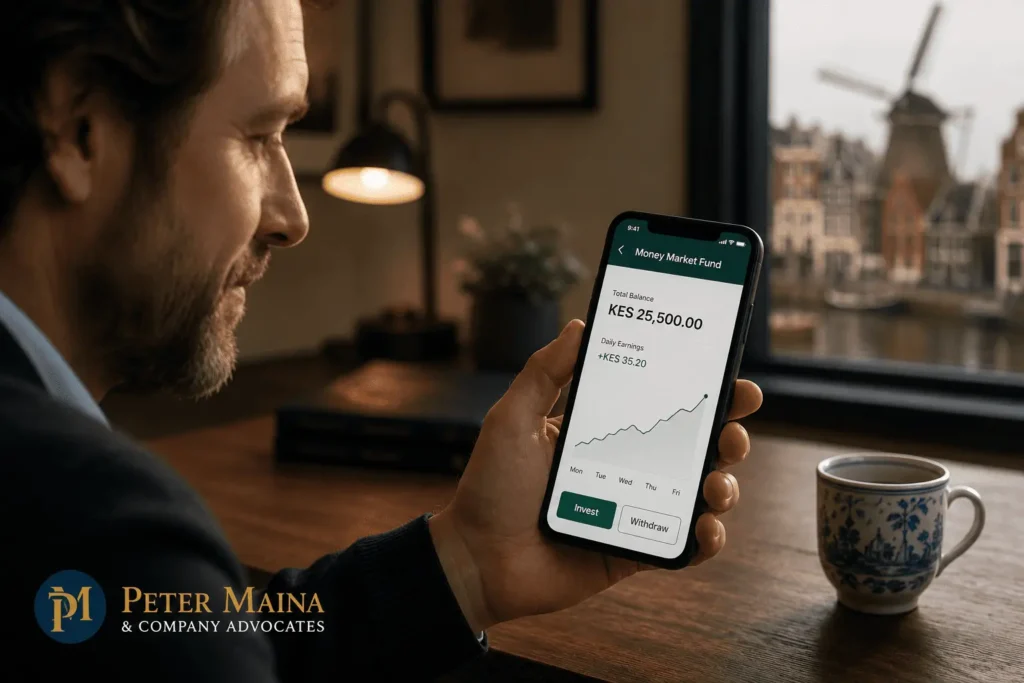 History of investment funds. An investor reviewing a money market fund balance and earnings on a smartphone, illustrating how pooled investment funds provide diversification, professional management, economies of scale and liquidity.