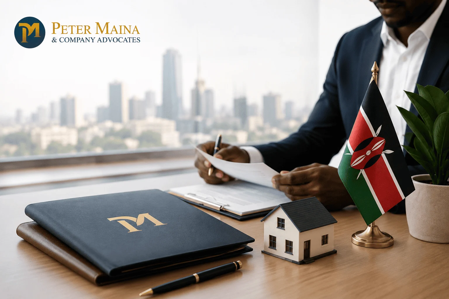 Lawyer advising two entrepreneurs on business registration in Kenya while reviewing incorporation documents in a modern law office.
