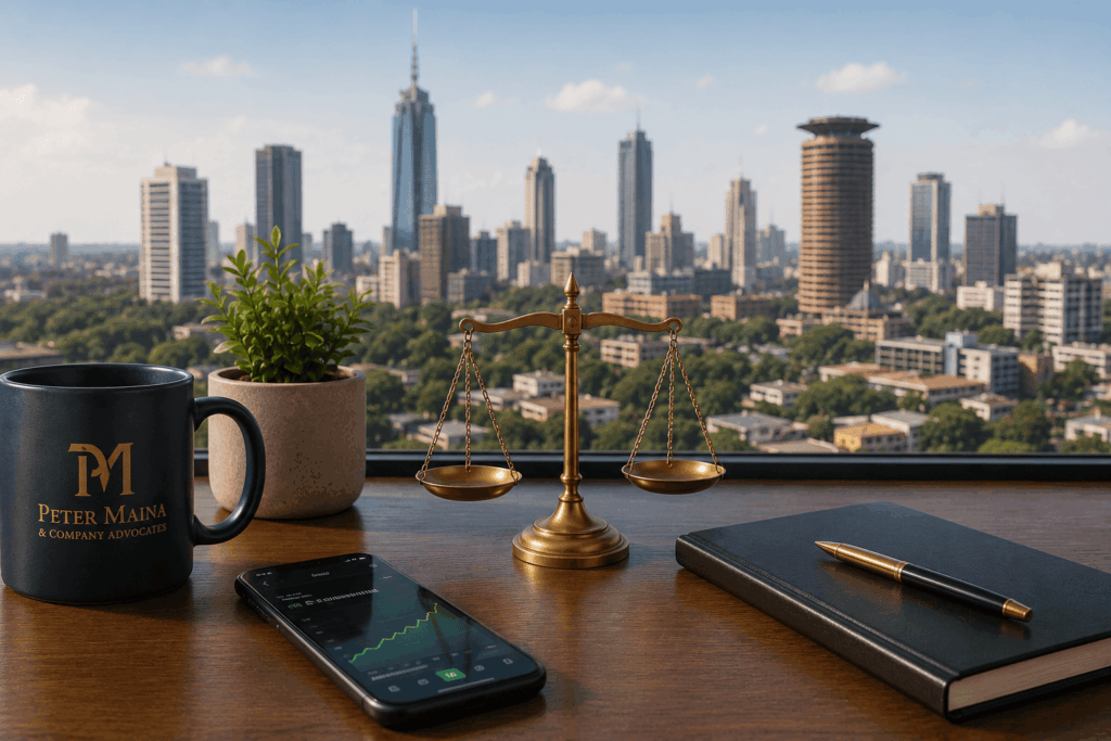 collective investment schemes Kenya. A modern investment workspace in Nairobi with an investment app, scales of justice and legal documents, illustrating how unit trusts in Kenya operate within the country's regulated capital markets framework.