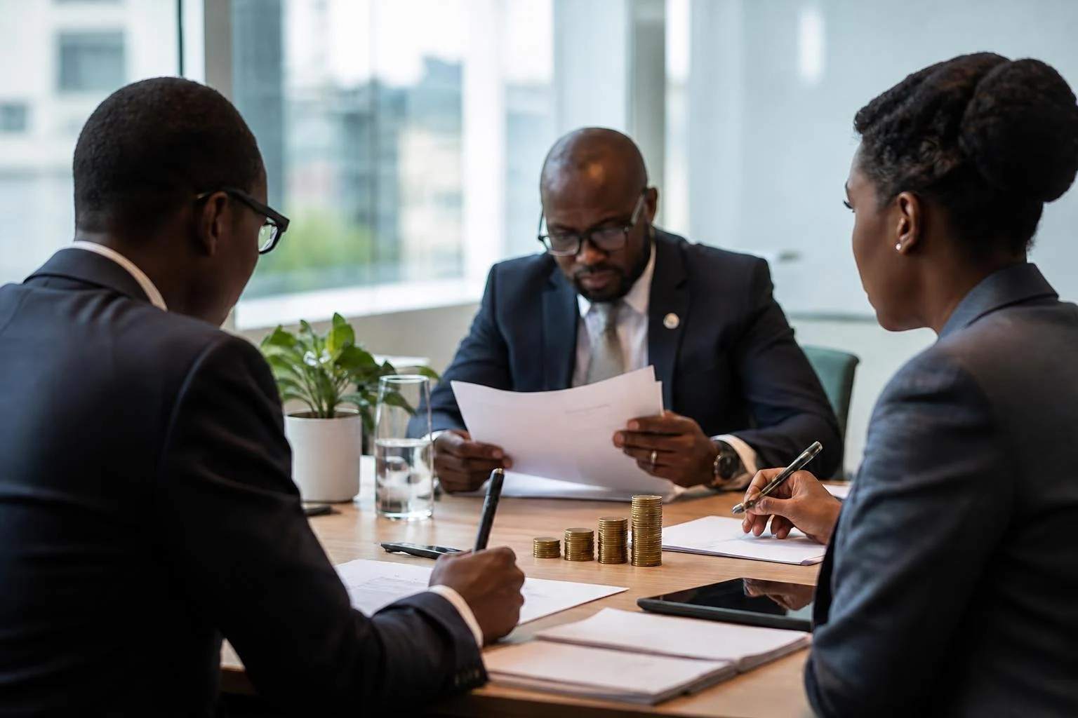 Investors reviewing a private equity fund term sheet in a Nairobi boardroom, illustrating CMA approval of alternative investment funds in Kenya
