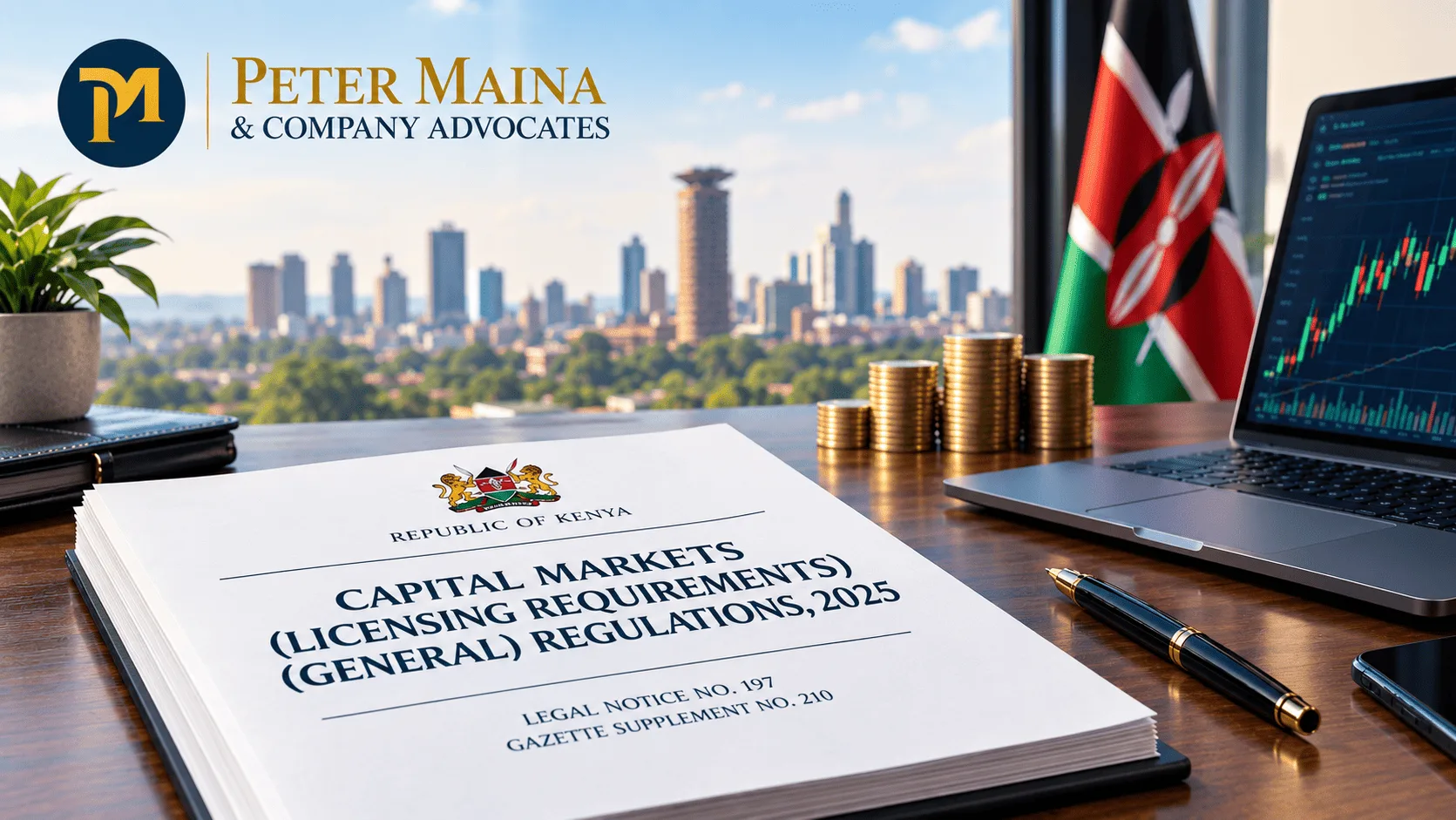 Nairobi skyline with the Capital Markets Authority licensing categories overlaid, illustrating Kenya's 2025 capital markets licensing regulations