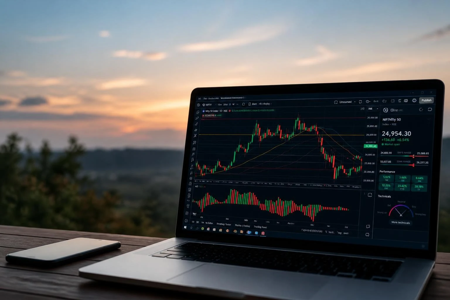 Forex trading chart on a laptop screen beside the Kenyan flag, illustrating CMA licensing of online forex brokers and money managers in Kenya