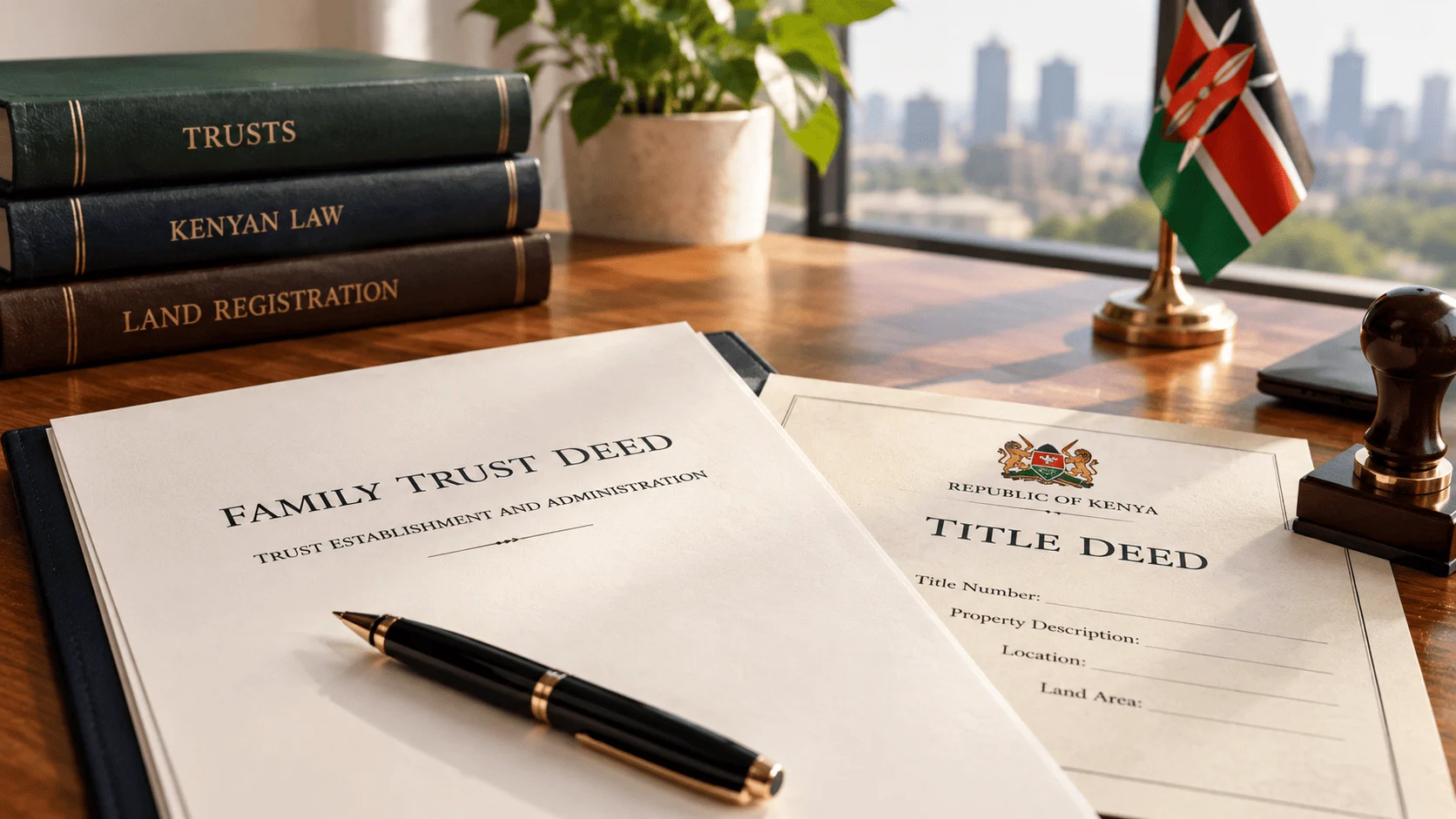 A family trust deed and a Kenyan title deed on a desk, illustrating registration of trusts under Kenya’s Trust Administration Act 2026